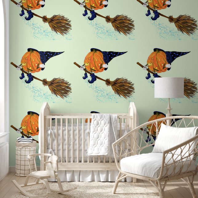 Witch Pumpkin Flying with Broom Funny Halloween Wallpaper (Kids)