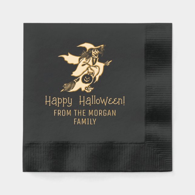 Witch & Pumpkin Silhouette Happy Halloween Name Foil Napkins (Front)