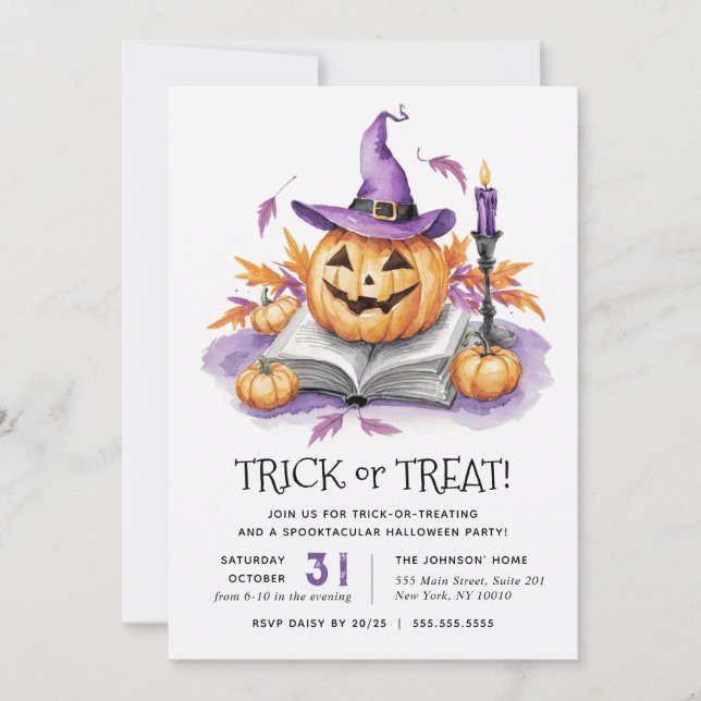 Witch Pumpkin Watercolor Halloween Party Invitation (Front)