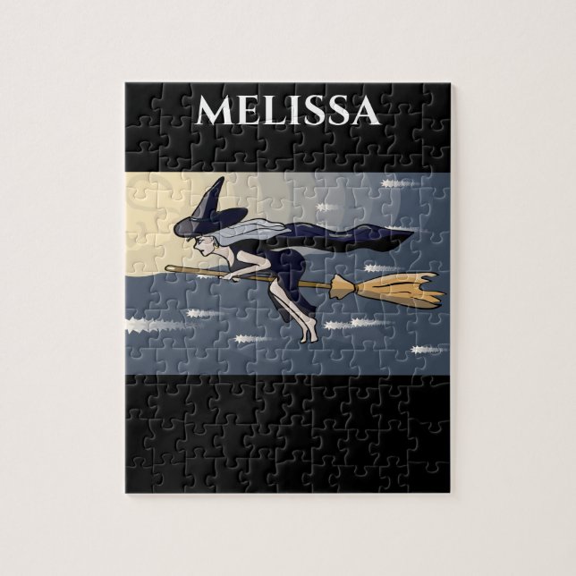 Witch puzzle with personalized name. (Vertical)