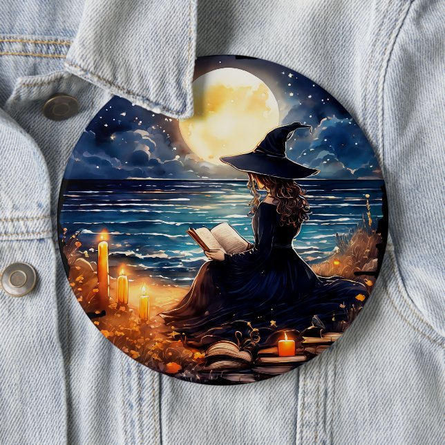 Witch reading a Book - Wicca Halloween 1 6 Inch Round Button (In Situ)
