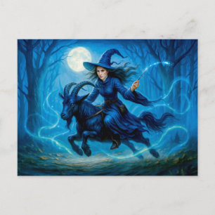 Witch riding a goat through moonlit forest holiday postcard