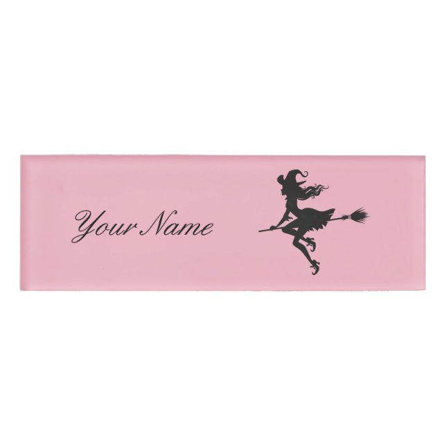 Witch Riding Broom Halloween Thunder_Cove Name Tag (Front)