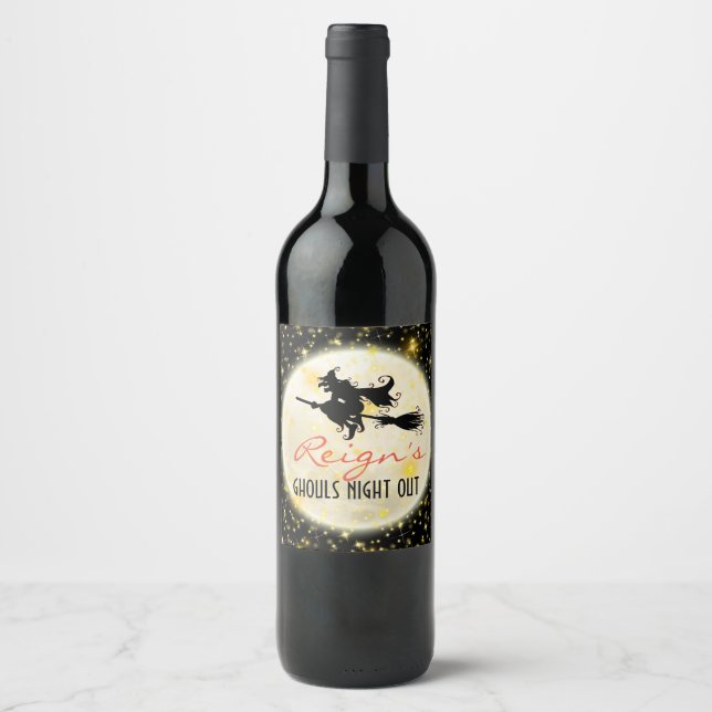 Witch Riding Broom| Moonlight & Sparkles Halloween Wine Label (Front)