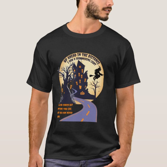 Witch riding broom on a dark desert highway hallow T-Shirt (Front)