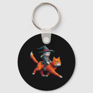 Witch Riding Cat Pixelated Gaming Art Design Block Keychain