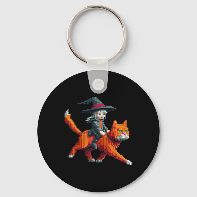 Witch Riding Cat Pixelated Gaming Art Design Block Keychain (Front)