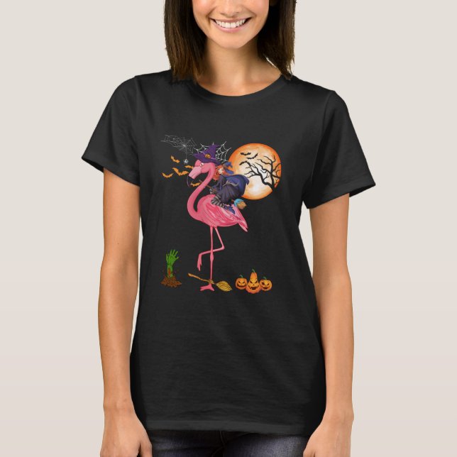 Witch Riding Flamingo Funny Halloween Horror Carve T-Shirt (Front)