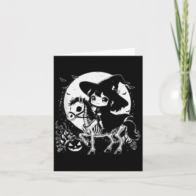 Witch Riding Horse Skeleton Cute Spooky Halloween  Card (Front)