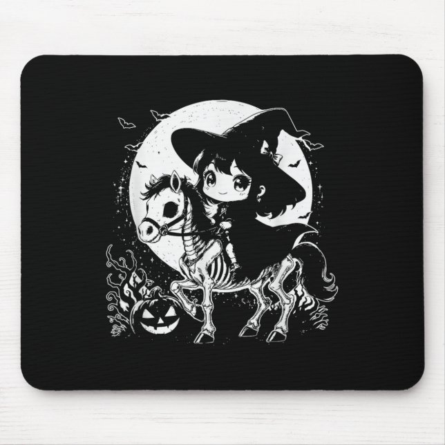 Witch Riding Horse Skeleton Cute Spooky Halloween  Mouse Pad (Front)