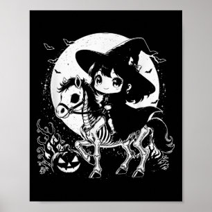 Witch Riding Horse Skeleton Cute Spooky Halloween Poster