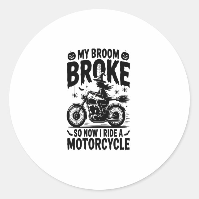 Witch Riding Motorcycle Halloween Classic Round Sticker (Front)