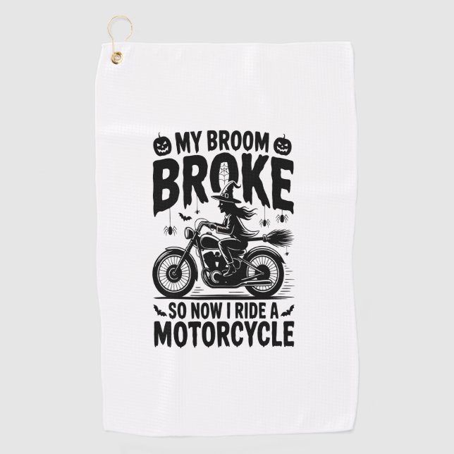 Witch Riding Motorcycle Halloween Golf Towel (Front)