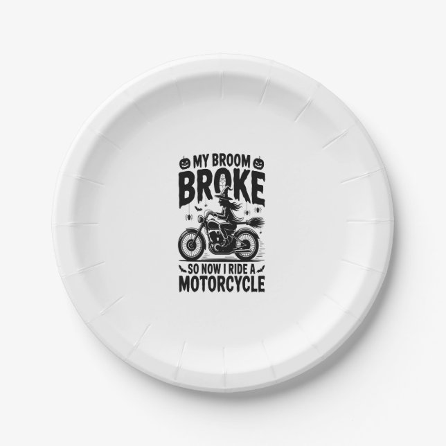 Witch Riding Motorcycle Halloween Paper Plate (Front)