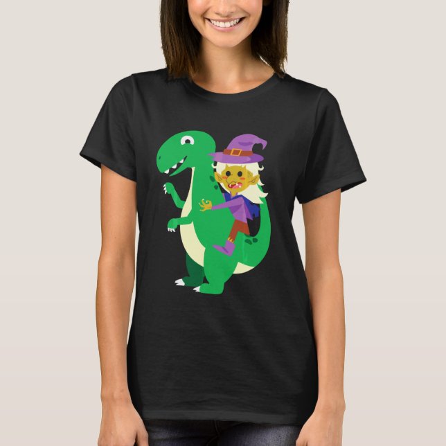 Witch Riding T Rex Cool Dinosaur Dino Halloween Co T-Shirt (Front)