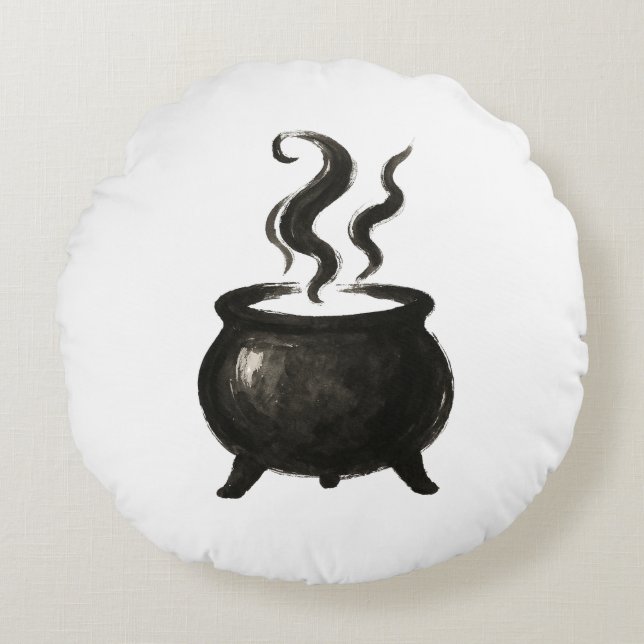 Witch’s Brew – Minimalist Halloween Caldron on  Round Pillow (Front)