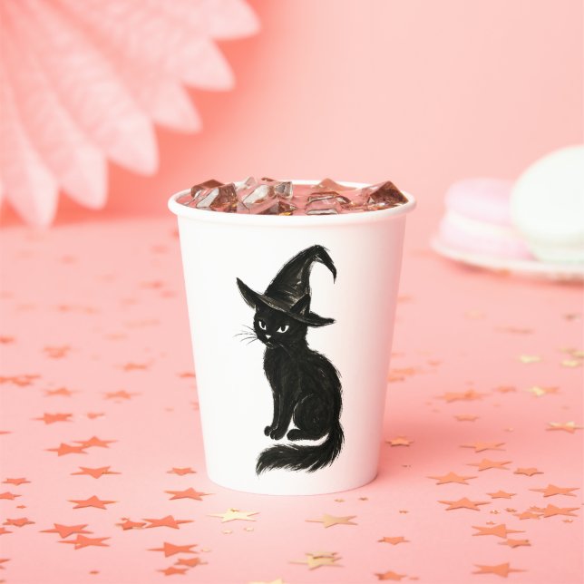 Witch’s Cat – Black Ink Halloween Illustration on  Paper Cups (Insitu)