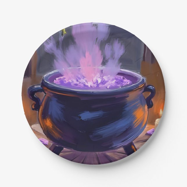 Witch’s Cauldron Purple Halloween Party Spooky Paper Plate (Front)