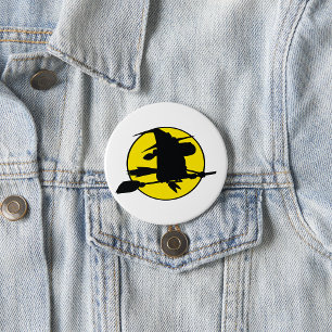 Witch Silhouette Flying on Broom Against Full Moon 3 Inch Round Button