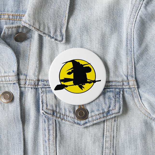 Witch Silhouette Flying on Broom Against Full Moon 3 Inch Round Button (Creator Uploaded)