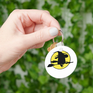Witch Silhouette Flying on Broom Against Full Moon Keychain