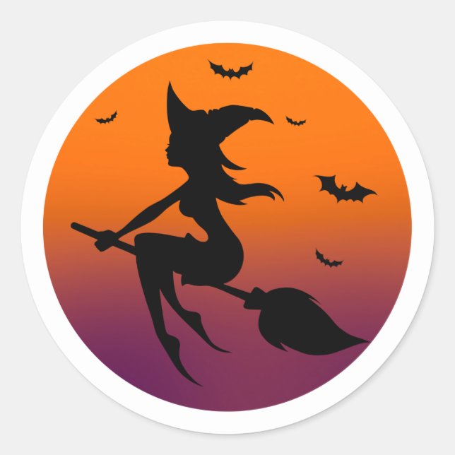 Witch silhouette in orange moon classic round sticker (Front)