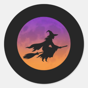 Witch Silhouette on Broom Classic Round Sticker