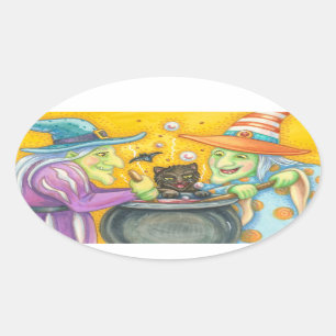 WITCH SISTERS AND BLACK CAT STICKERS Oval Sheet