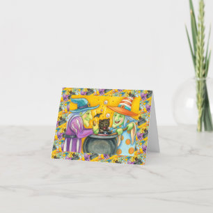 WITCH SISTERS, BLACK CAT & HALLOWEEN BREW CARD