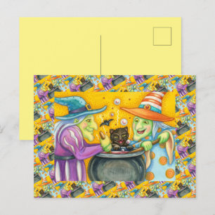 WITCH SISTERS, BLACK CAT & HALLOWEEN BREW HOLIDAY POSTCARD