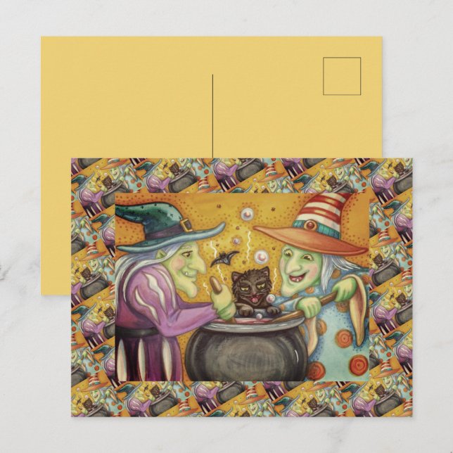 WITCH SISTERS, BLACK CAT & HALLOWEEN BREW HOLIDAY POSTCARD (Front/Back)