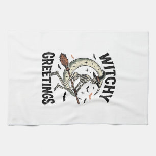 Witch Skeleton Graphic Witchy Greetings Vintage Ha Kitchen Towel