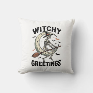 Witch Skeleton Graphic Witchy Greetings Vintage Ha Throw Pillow