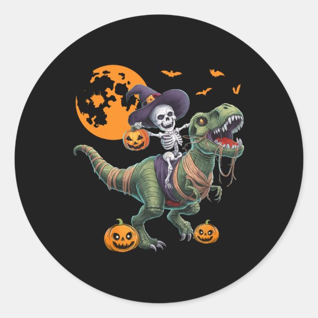 Witch Skeleton Riding Dinosaur T Rex Halloween Fun Classic Round Sticker (Front)