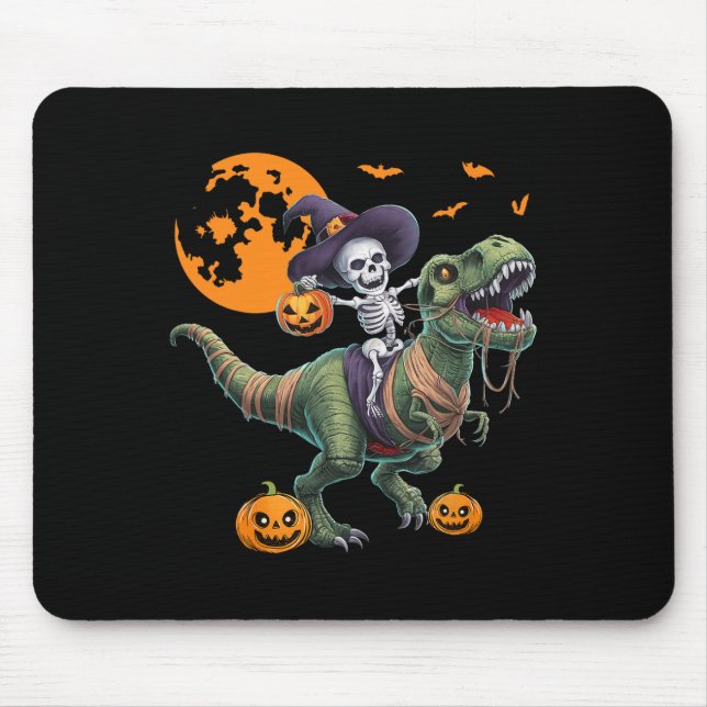 Witch Skeleton Riding Dinosaur T Rex Halloween Fun Mouse Pad (Front)