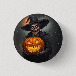 Witch Skeleton With Glowing Pumpkin Halloween 🎃 1 Inch Round Button