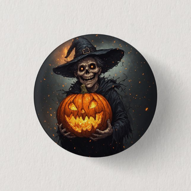 Witch Skeleton With Glowing Pumpkin Halloween 🎃 1 Inch Round Button (Front)