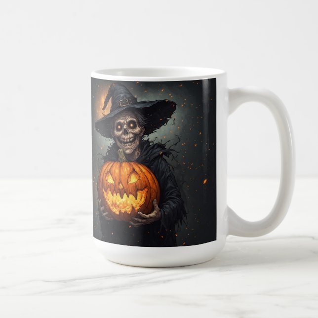 Witch Skeleton With Glowing Pumpkin Halloween 🎃 Coffee Mug (Right)