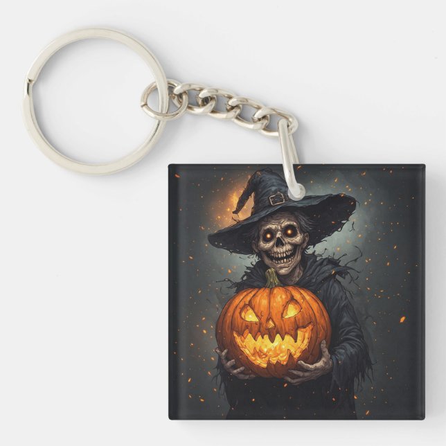 Witch Skeleton With Glowing Pumpkin Halloween 🎃 Keychain (Front)