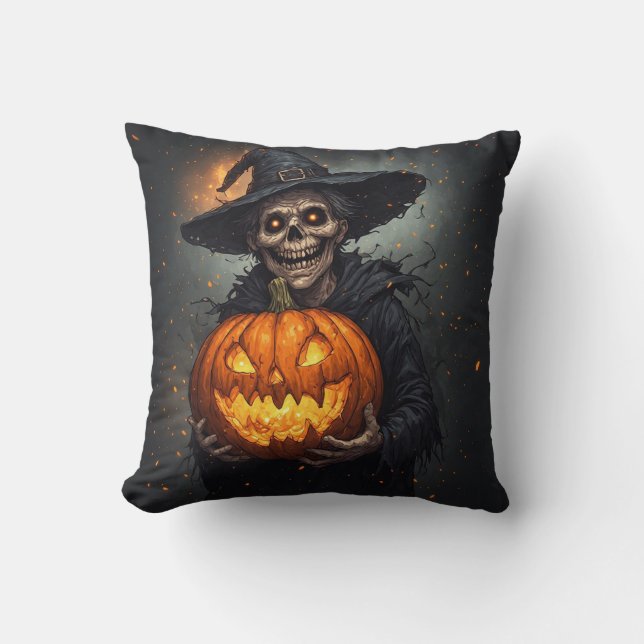 Witch Skeleton With Glowing Pumpkin Halloween 🎃 Throw Pillow (Front)