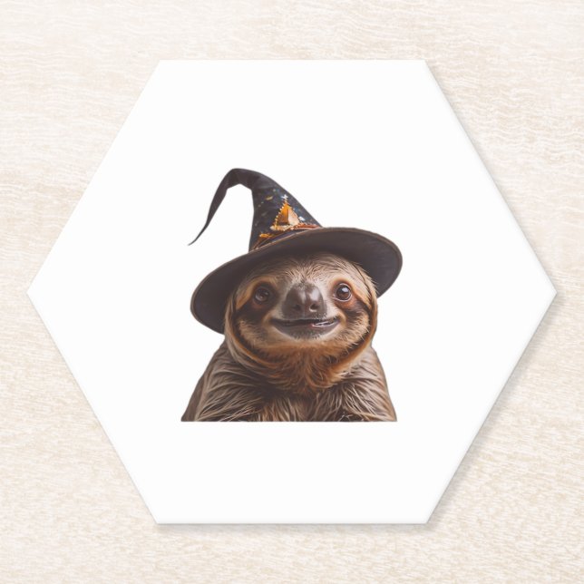 Witch Sloth Halloween trick or treat spooky pumpki Paper Coaster (Front)