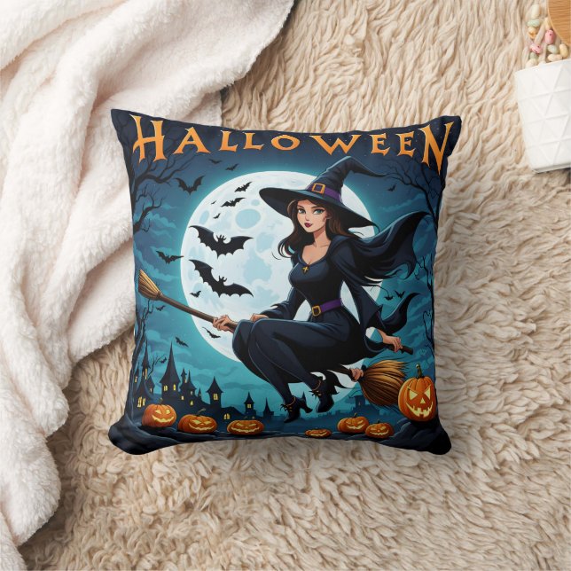 Witch soaring on Halloween night Throw Pillow (Blanket)