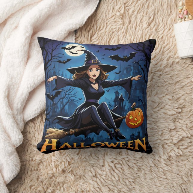 Witch soars over haunted town on Halloween Throw Pillow (Blanket)