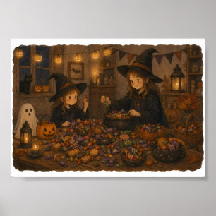Witch Sorting Halloween Candy for Candy Lovers Poster