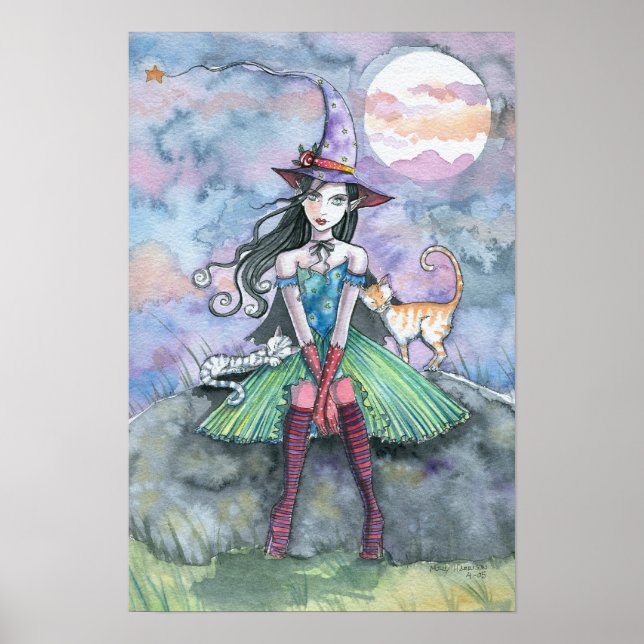 Witch Tabby Cats Moon Art Imprimer Poster (Devant)