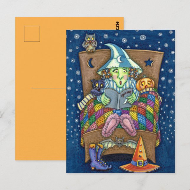 WITCH TELLING SPOOKY BEDTIME STORIES, HALLOWEEN POSTCARD (Front/Back)
