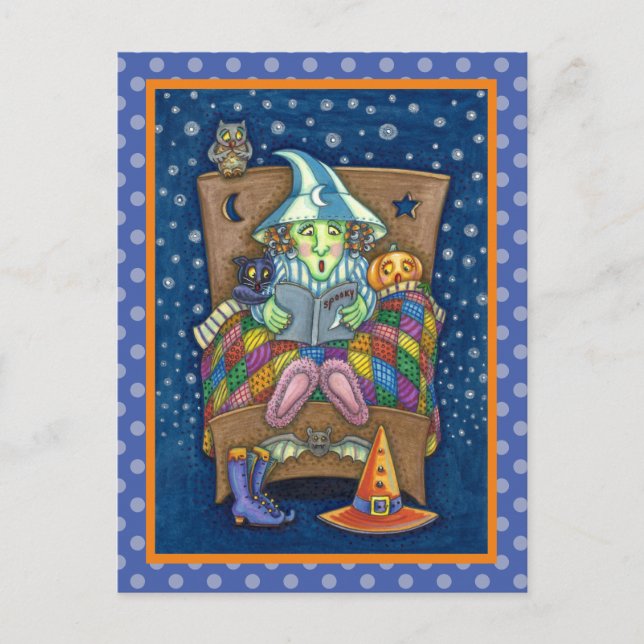 WITCH TELLING SPOOKY BEDTIME STORIES, HALLOWEEN POSTCARD (Front)