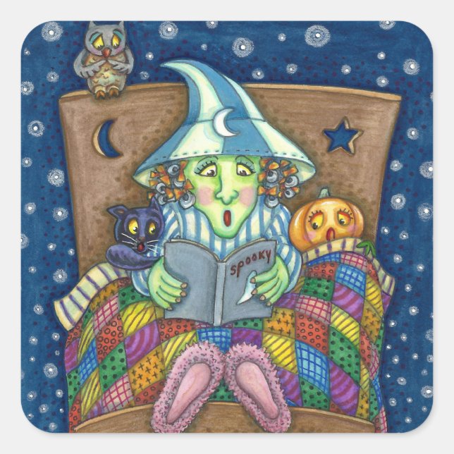 WITCH TELLING SPOOKY BEDTIME STORIES, HALLOWEEN SQUARE STICKER (Front)