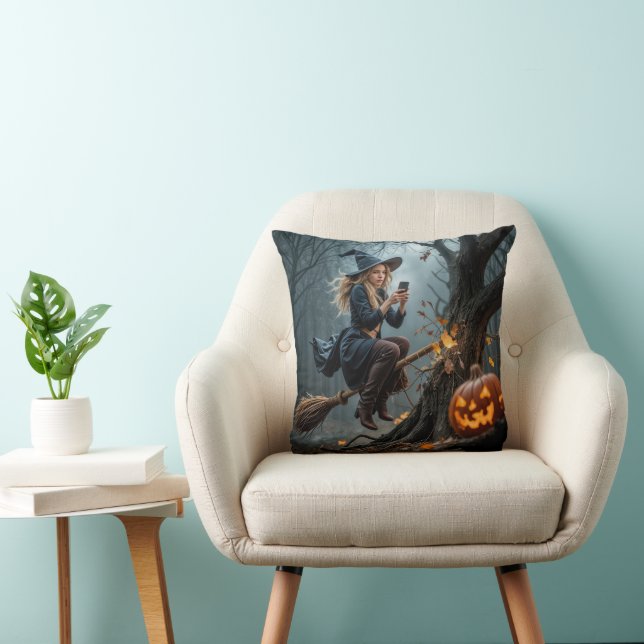 Witch Texting While Flying On a Broom Throw Pillow (Chair)