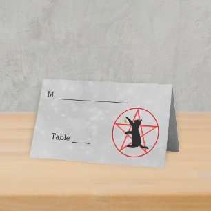 Witch Theme Black Cat Red Pentagram in circle Grey Place Card